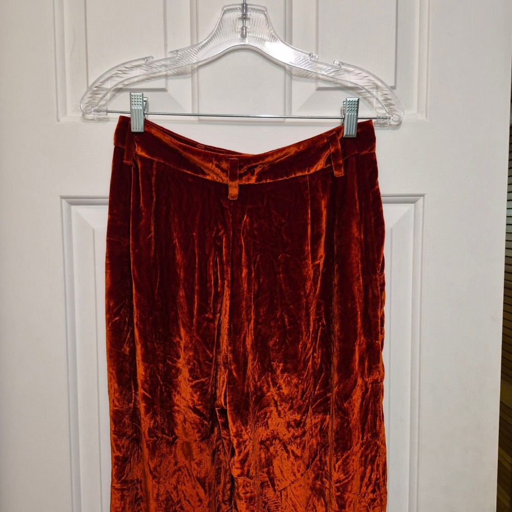 Reformation Rust Burnt Orange Crushed Velvet Silk Blend Wide Leg Pants Size 4 - Picture 3 of 6